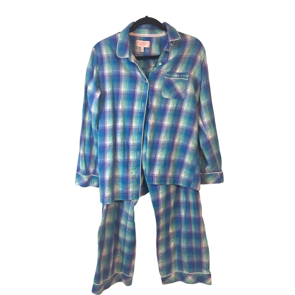 Victoria's Secret Pajama Set Plaid Metallic Blue Green‎ Womens Sleepwear PJ